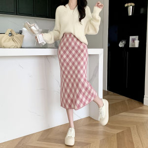 กระโปรงสั้นถักลายสก็อตสีชมพูเข้ารูปเอวสูง ทรงตรง ทรงเข้ารูป ทรงเข้ารูป สำหรับผู้หญิง กระโปรงสั้นทรงเข้ารูปสีชมพู