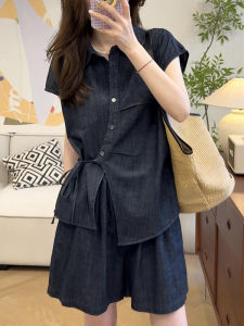 Shalldoer | Retro Hong Kong Style Womens Set Summer High Sensation Tie-Dye Denim Shirt Casual Shorts Two-Piece Set Fashionable And Elegant