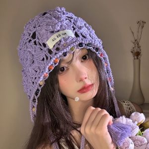 Bohemian Flower Tassel Knitted Hat Womens Summer Hollow out Thin Style Hook Flower Hat Casual Versatile Cotton Cap for Travel