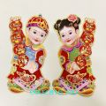 Hình dán hai em bé tiên đồng ngọc nữ trang trí tết 38cm Chữ việt. 