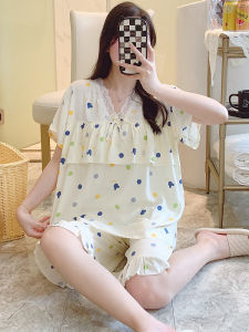 Cotton Silk Sleepwear Set for Women with Lace Details Pastoral Style Short Sleeves Thin Section Viscose Fabric Suitable for Summer