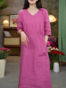Rustic Ruffled High-waisted Medium-sleeve V-neck Loose Casual Slender Cotton-linen Dress