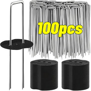 100Pcs U-shaped Ground Pegs with Buffer Washers Garden Pegs for Securing Weed Landscape Fabric Netting Garden Lawn Accessories