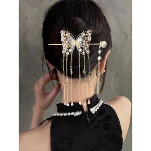 Elegant Long Tassel Pearl Hairpin Sweet Atmosphere Hair Accessories for Wedding Updo Hair Styling Alloy Bananas Clip