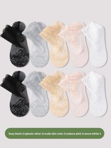 JIAZINI | Womens Summer Short Tube Thin Breathable Cotton Invisible Non-slip Lace Edge Silk Stockings Boat Socks Ultra-thin Nylon Spandex