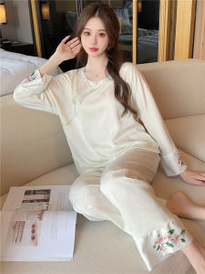 New Chinese Style Womens Sleepwear Ice Silk Long Sleeve Home Clothes Set Luxury Embroidery Comfortable Breathable for Spring Autumn