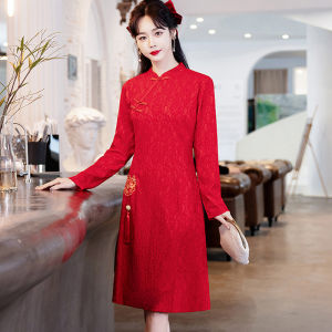 New Chinese Style Womens Dress plus Size Elegant Autumn Winter Improved Cheongsam Engagement Wedding Dress for Plump Women