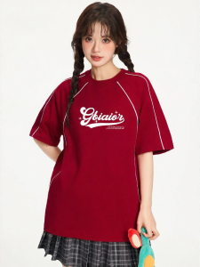 Gbiaior | Solid Material Burgundy Short Sleeve Loose Casual T-Shirt