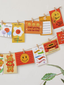 Decorative Wooden Clips Photo Wall Cards Cute Cartoon Smiley Face Room Nursery Arrangement Props Wall Decor Geometric Pattern Handwoven