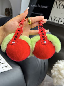[Cute Little Apple] Real Rex Rabbit Hair Apple Car Key Ring Pendant Ins Pompons Schoolbag Bag Charm