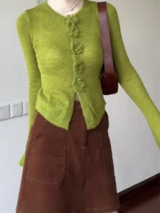 YUEZHONGWEI | Green 3D Floral Long Sleeve Knit Cardigan Fit for Autumn Winter and Early Spring