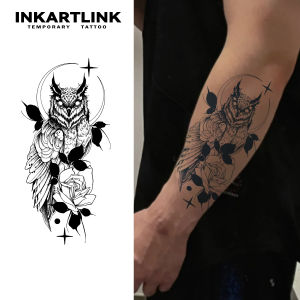 INKARTLINK Mystic Owl Rose Geometric Temp Tattoo Sticker for Nightlife Concerts Biker Look & Daily Streetwear.