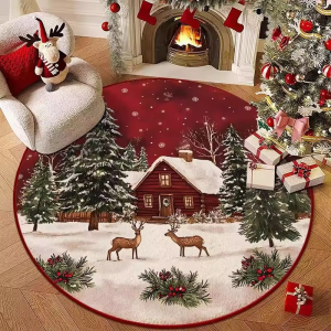 VIKAMA Xmas Winter Cabin Round Carpet Deer Pine Tree Anti‑Slip Washable Floor Rug for Living Room Home Decoration