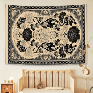 VIKAMA Art Black and White Leopard Print Floral Tapestry Retro Living Room Sofa Decor for Cafes Bohemian Style Home Decor