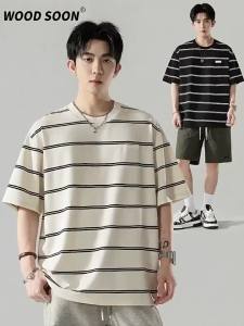 Wood soon | Color Blocked Striped T-Shirt Round Neck Short Sleeve Loose Retro Casual
