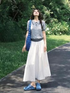 VKSOD | Elegant Polo Neck Knitted Top Loose Midi Skirt Two Piece Set Summer Fashion White Womens College Style Clothing Ensemble