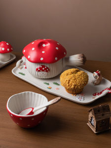 Bát Ăn Sáng Bằng Gốm Sứ Dễ Thương Có Nắp Đậy Họa Tiết Nấm Mọc Trong Rừng Dùng Một Người Có Tay Cầm Chất Liệu Gốm Sứ