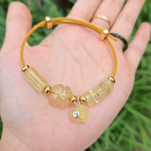 Q2144 Vòng lu thống ngũ điếu cỏ 4 lá túi tiền Thạch Anh Tóc Vàng Bạch Kim treo móc bạc cho Thổ và Kim - Phong Thuỷ TUDO