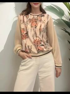AMMIN 2024 Autumns new simple round neck Fashion chiffon spliced bubble sleeve shirt Womens Korean style digital floral print casual long sleeve elegant blouse