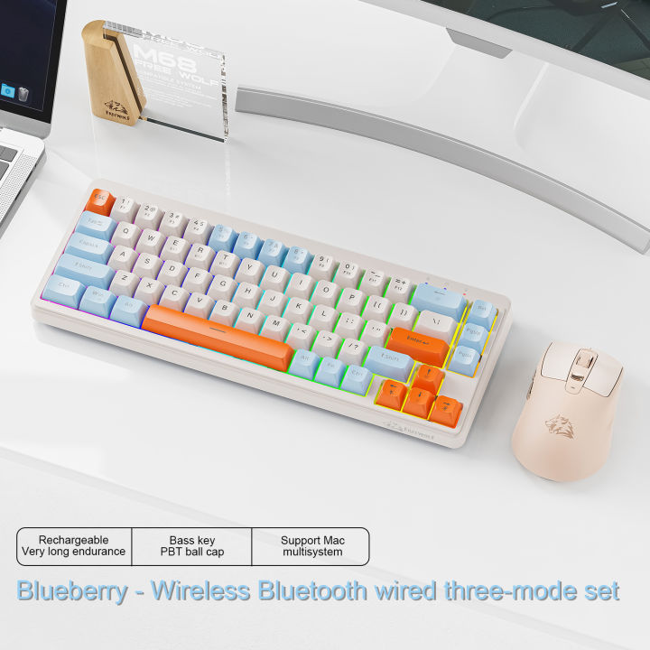 FREEWOLF M68 68 Keys Wireless Keyboard Mouse Combo, PBT RGB Tri-Mode ...
