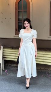 Đầm thiết kế BEMINE cổ vuông đính hoa dáng chữ A phù hợp đi chơi-B203