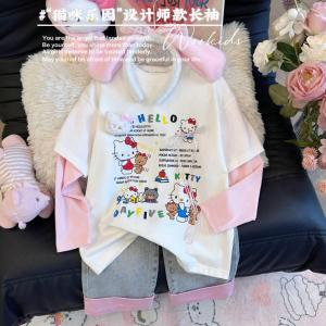 Girls Long Sleeve T-Shirt Spring Autumn Fashionable Pure Cotton Cartoon Print round Neck Top for Children Aged 2-14 Years Old