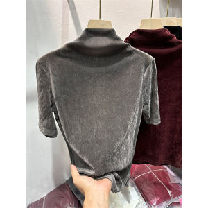 Womens Elegant Half Turtleneck Velvet Half Sleeve T-shirt Autumn and Winter Pure Color All-Matching Straight Shoulder Mid-Sleeve Bottoming Shirt