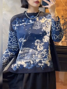 UYFY | Blue Floral Print Splice Long Sleeve Loose Thin Womens Shirt Summer New Style Commute Design Slimming Top Casual Fashion