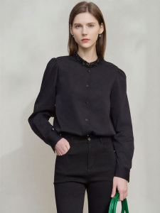 AMII | French Elegance Pearl Black Trim Blouson Sleeves Long Sleeve Shirt