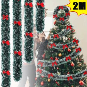 2 Meter Ribbon Garland Tinsel Cane Pine Streamers with Bowknots Christmas Green Frost DIY Xmas Tree Hanging Wreath Party Decorations