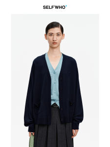 Merino Wool Blend Blue V-Neck Knitted Cardigan Women Autumn