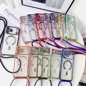 Crossbody Necklace Lanyard Plating Magnetic Case For iPhone 17 Pro Max 16 15 13 12 14 Plus Clear For Magsafe Soft Silicone Cover