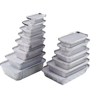 Disposable Aluminum Foil Takeout Box round Shape with Lid for Barbecue Commercial Use Long Rectangle Tin Paper Box Set of 125