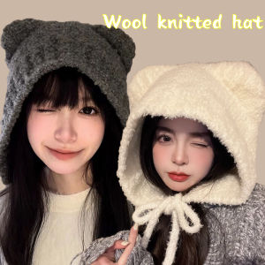 Winter Women Ear Protection Hat Cute Bear Girl Earmuffs Cap Thick Plush Warm Bomber Hat Solid Lamb Fleece Beanies Bonnet
