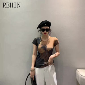 REHIN Summer new fashion printed short-sleeved T-shirt slim-fit S-3XL With crimping and gold stamping for womens top