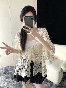 Large Size Womens Summer Lace Sleeveless Vest Sun Protection Loose Knit Shirt Single Piece Regular Thickness Regular Length