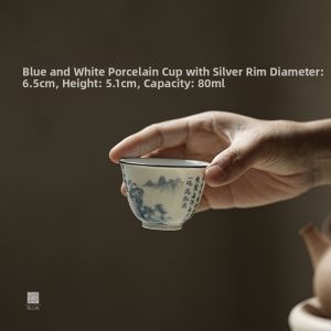 FUSHANXU | Blue-and-White Design Three-Pathway Silver Rim Ceramic Teacup