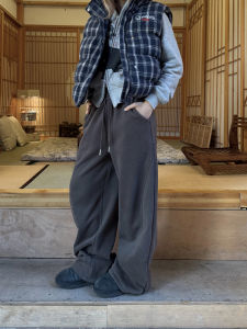 Chuan Chuan Ya Jia American High Street Fleece Lined Patchwork Trousers Winter New Style Wide Leg Drawstring Long Pants