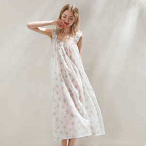 XEXZ | ชุดนอนคอตตอนคอกลมแขนกุดพิมพ์ลายดอกไม้สไตล์ฝรั่งเศส กระโปรงยาวคลุมเข่า ชุดนอนผู้หญิงฤดูร้อน ชุดนอนผ้าฝ้ายแท้