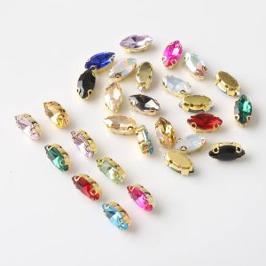20Pcs 6x12mm Glass Claw Rhinestones Sew on Horse Eye Crystal Stone Strass Diamond Gold Base Buckle for Clothing Dressing