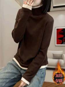 เสื้อยืดคอปกสูงผ้าเดนิมหนาสำหรับผู้หญิง เสื้อชั้นในฤดูใบไม้ร่วง/ฤดูหนาว ไซส์ใหญ่ เสื้อตัวบนสองชิ้นปลอมระดับไฮเอนด์