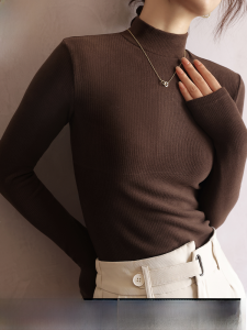 MiiOW | Womens Knitted High Neck Long Sleeve Base Shirt Coffee Color Autumn Winter Fashion Sensation Inner Wear Velvet Material
