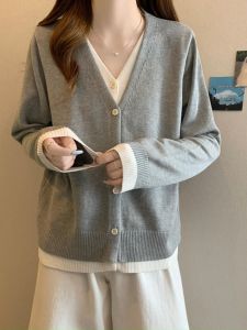 หลวม คอวี ถักเปิด คาร์ดิเกน เสื้อสเวตเตอร์ ผู้หญิง ฤดูใบไม้ร่วง ฤดูหนาว พลัสไซส์ ดีไซน์ หลากหลาย ฝาครอบด้านบนหน้าท้องปลอมสองชิ้น