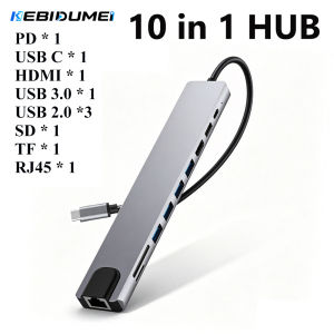 Kebidumei | KEBIDUMEI 10 Port USB 3.0 HUB USB C To HDMI-Compatible Adapter RJ45 100Mbps 100W Reader Card Multi-Port USB Splitter For Laptop