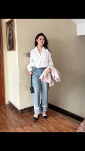 Plus Size(S-2XL) Korean Loose Puff Sleeve Blouse V Neck Elegant Casual Shirt for Women