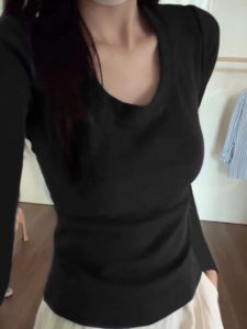 Áo Thun Dài Tay Thời Trang Nữ Chic Dervo Thường Ngày Mùa Thu Đông Màu Trơn Áo Lót Cổ Chữ U Dài Vừa Phải Polyester