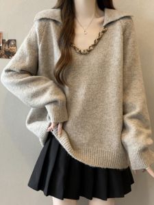 plus Size Knitted Base Shirt with Diamond Embellishment Polo Collar Belly Concealing Lazy Style Sweater Wool Polyester Blend