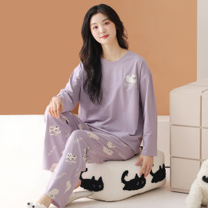 Womens Pure Cotton Long Sleeve Sleepwear Set Spring Autumn Home Wear Comfortable Breathable Cute Cartoon Print Pajamas