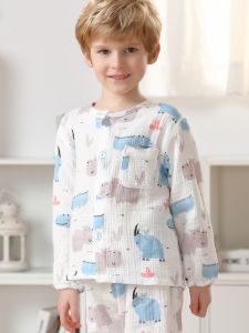 Childrens Spring Summer Thin Pure Cotton Gauze Washed Creased Full Cotton Boys Sleepwear Set Cuffed Autumn Home Clothes
