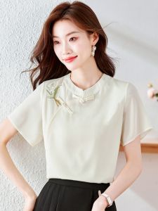 New Chinese Style Floral Short Sleeve Embroidered Shirt Women Summer Fashionable French Style round Neck Top with Button